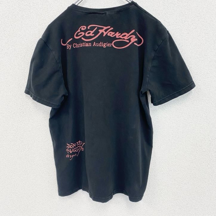 古着 used　半袖プリントTシャツ　エドハーディー　ドクロ　ブラック　レトロデザイン　クルーネック　2XLサイズ