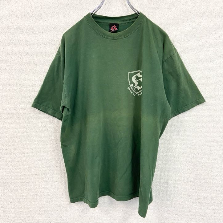 古着 used　半袖プリントTシャツ　フーリガン　緑　グリーン　コットン100％　クルーネック　レトロデザイン　Mサイズ