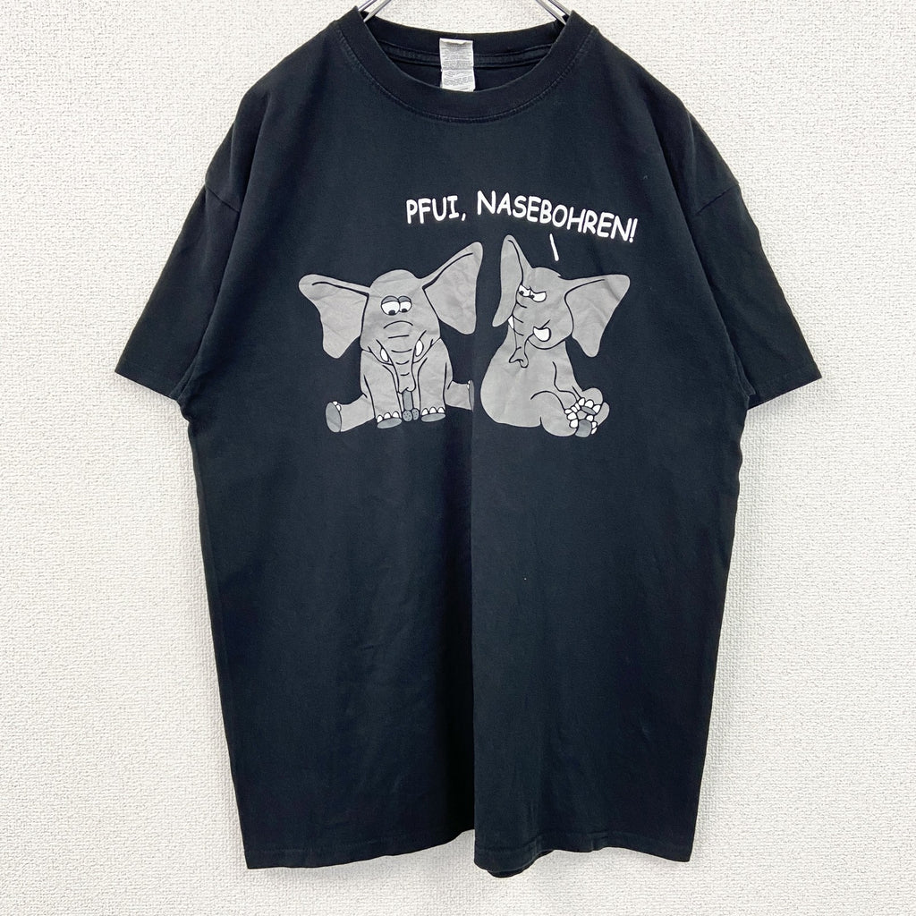 古着 used　GILDAN　ギルダン　半袖アニマルプリントTシャツ　クルーネック　レトロデザイン　ゾウ　黒　ブラック　Lサイズ