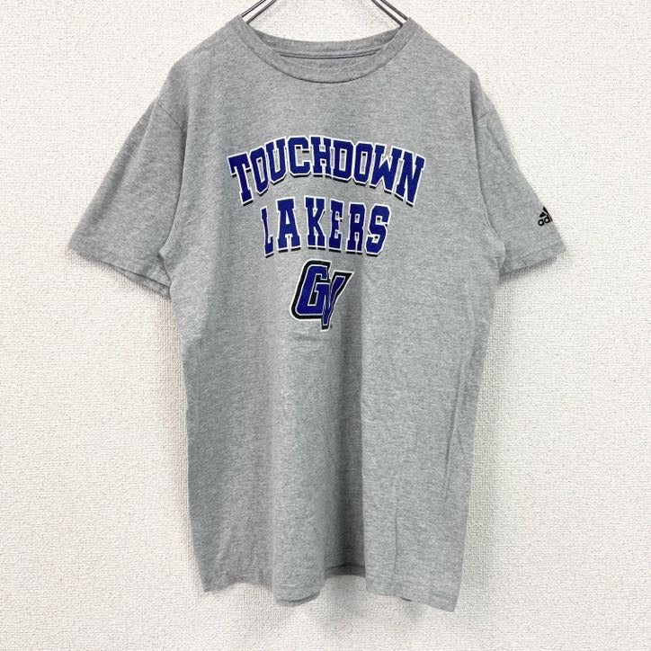 古着 used　adidas　アディダス　半袖プリントTシャツ　バックプリント　クルーネック　レトロデザイン　灰　グレー　Mサイズ