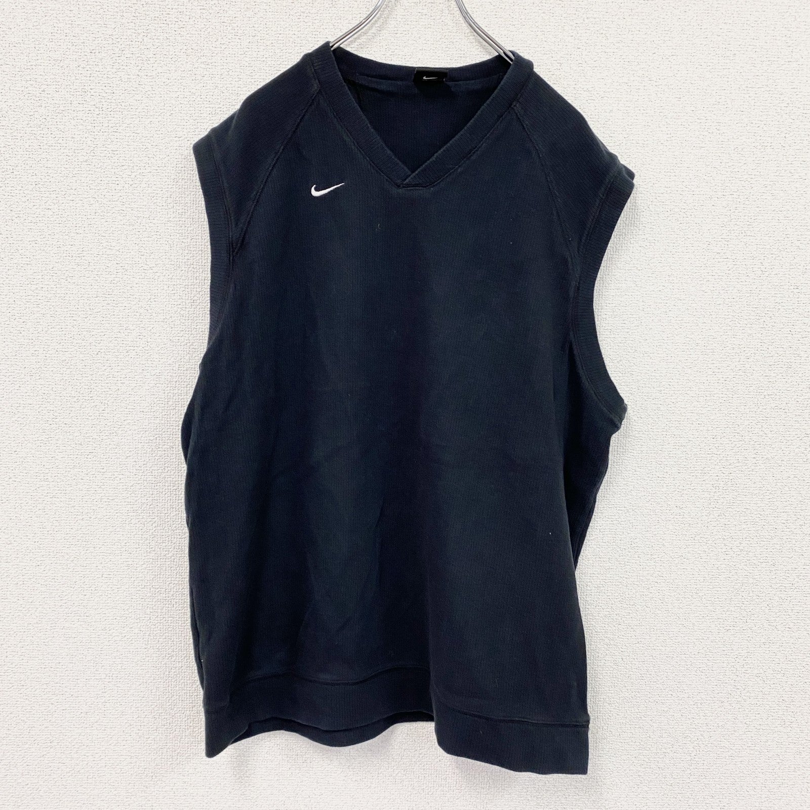 90s　NIKE　ナイキ　コットンニットベスト　刺繍ロゴ　スウッシュ　ヴィンテージ　黒　ブラック　Lサイズ
