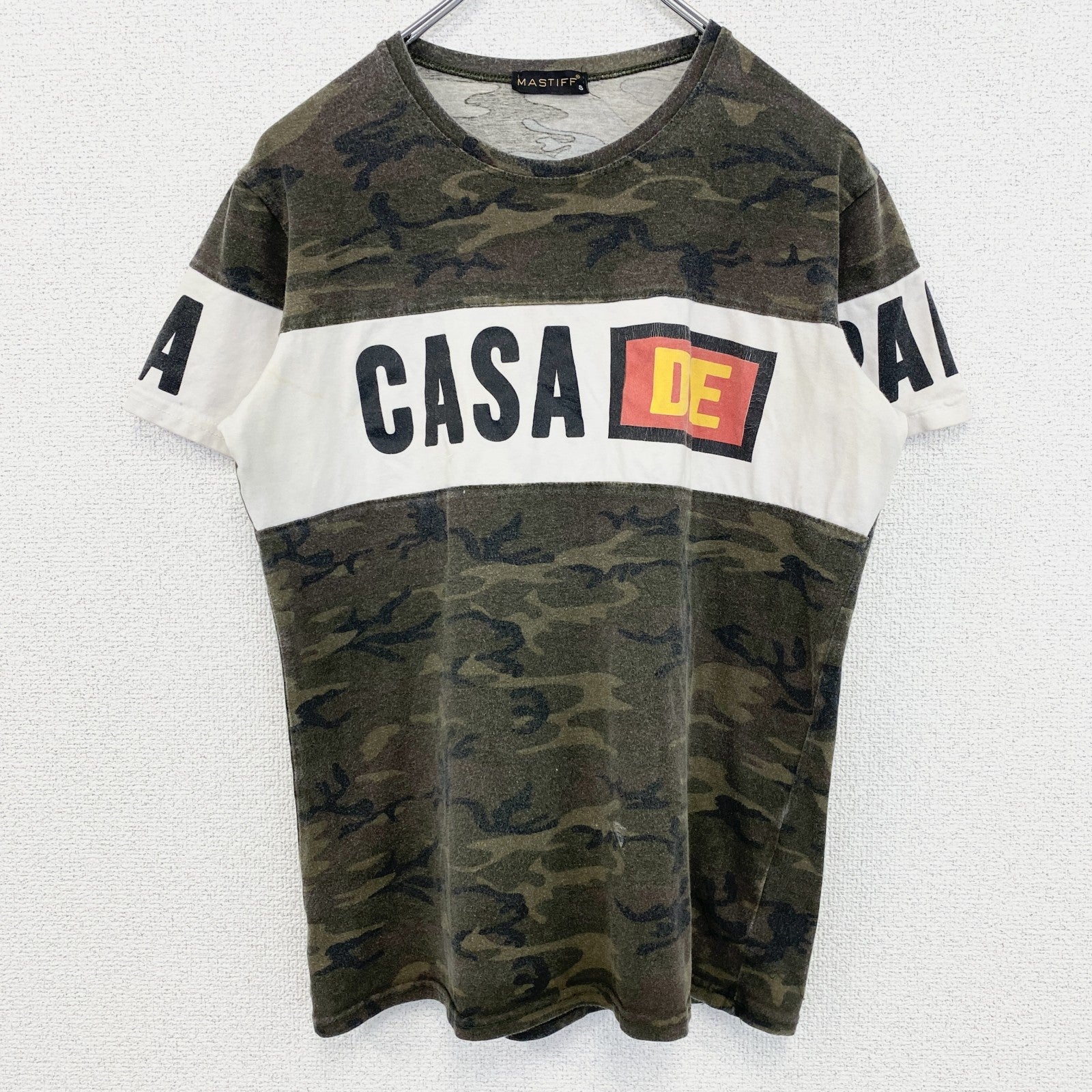 古着 used　MASTIFF　半袖迷彩柄プリントTシャツ　カモフラ　CASA　クルーネック　緑　グリーン　Sサイズ