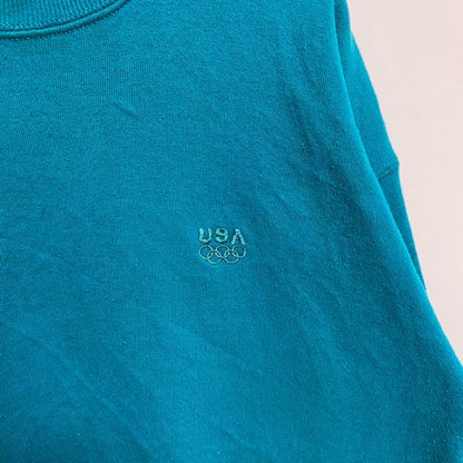 古着 used　90s　USA　オリンピック　JC PENNEY　長袖ワンポイントロゴ刺繍スウェット　青　ターコイズ　Lサイズ
