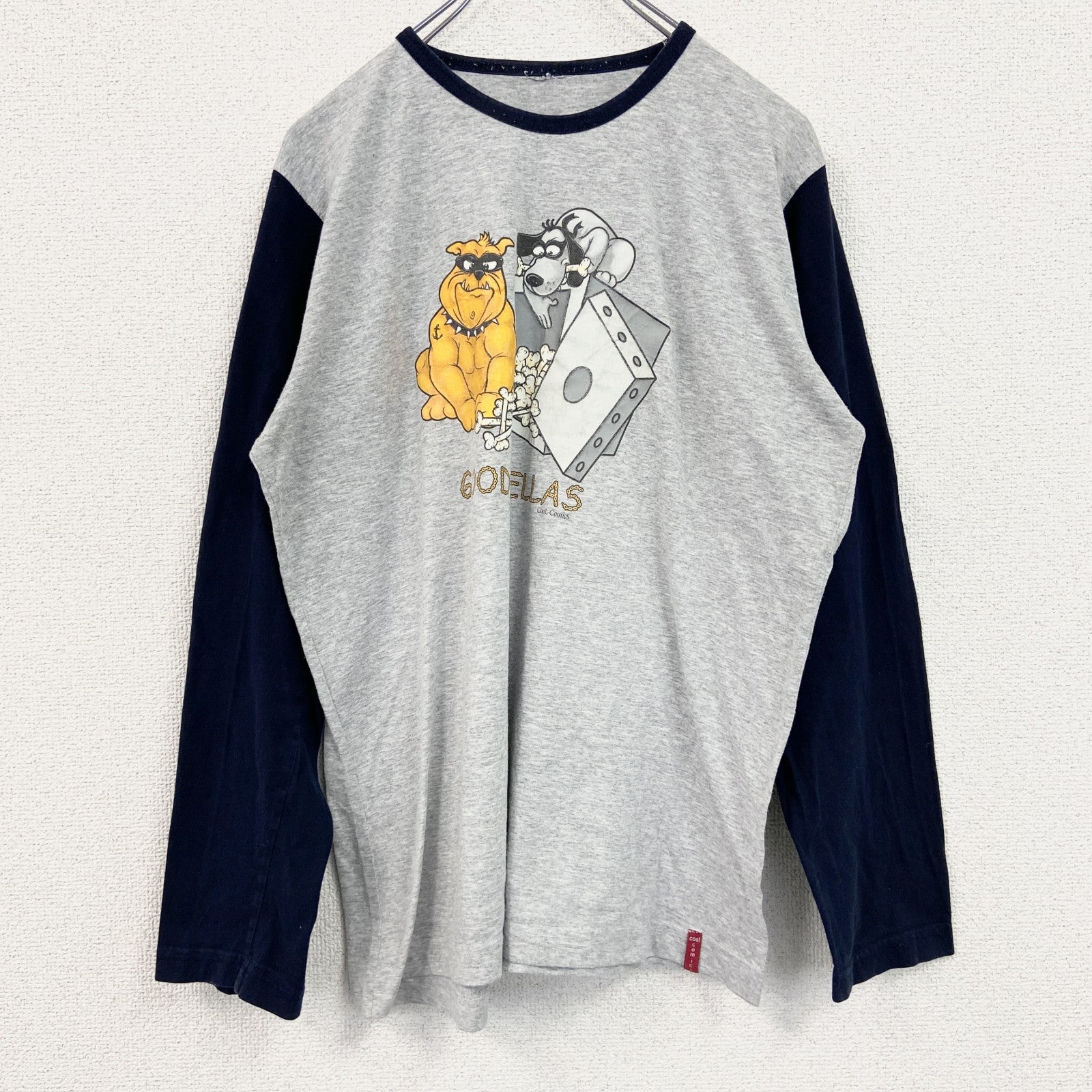 古着 used　長袖アニマルプリントTシャツ　犬　ブルドッグ　骨　ボーン　クルーネック　レトロデザイン　灰　グレー　