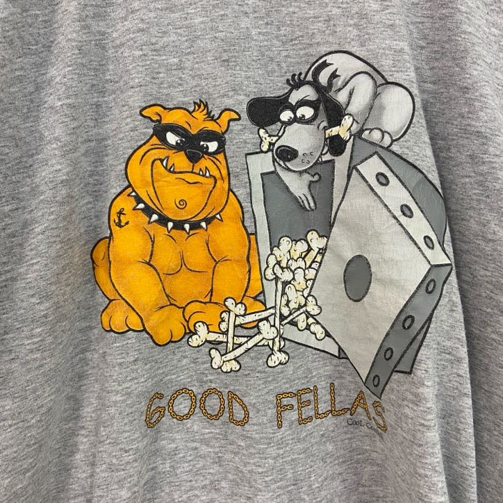 古着 used　長袖アニマルプリントTシャツ　犬　ブルドッグ　骨　ボーン　クルーネック　レトロデザイン　灰　グレー　