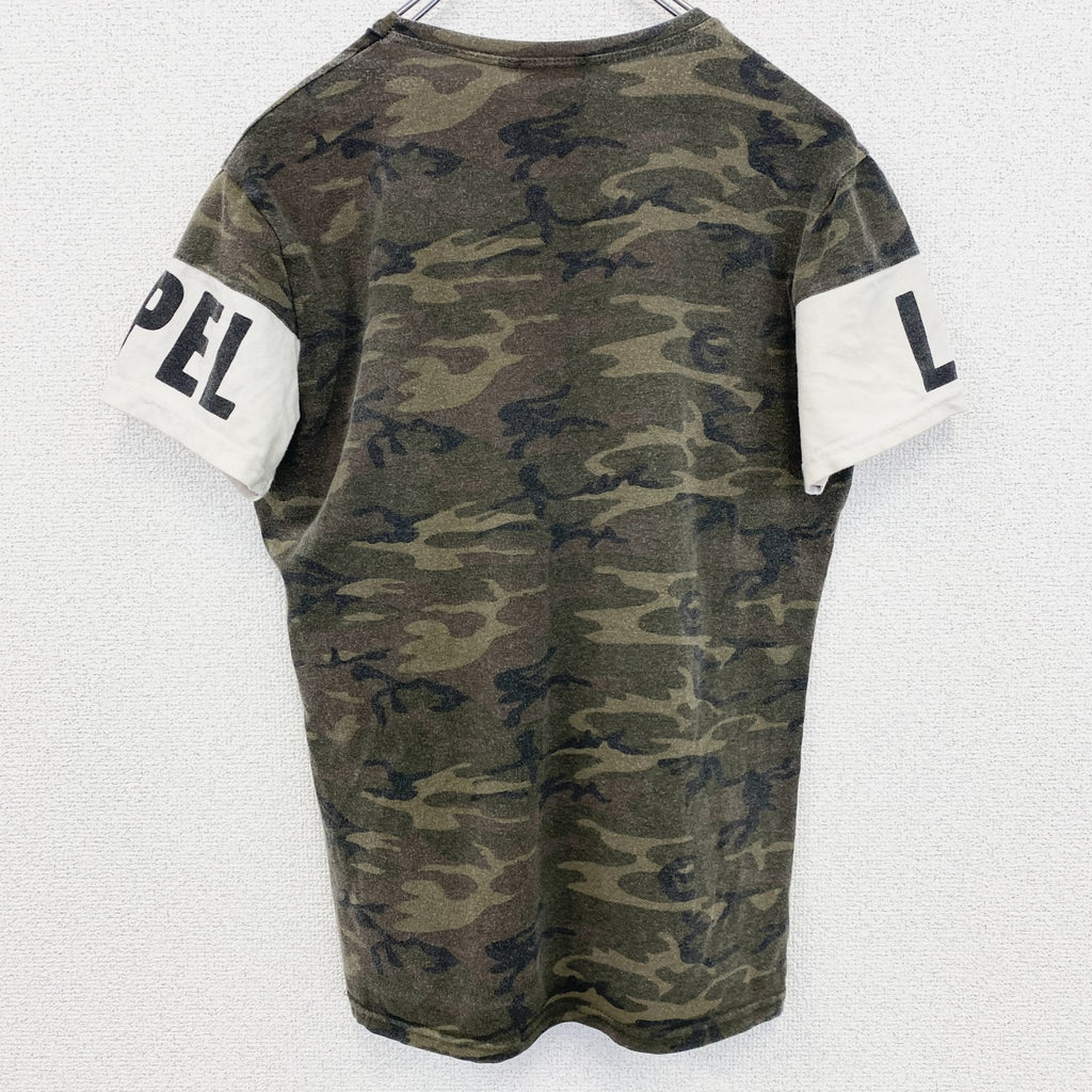 古着 used　MASTIFF　半袖迷彩柄プリントTシャツ　カモフラ　CASA　クルーネック　緑　グリーン　Sサイズ