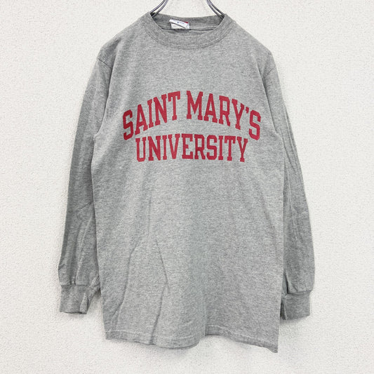 古着 used　Champion　チャンピオン　長袖カレッジプリントTシャツ　レトロデザイン　クルーネック　グレー　灰　Sサイズ