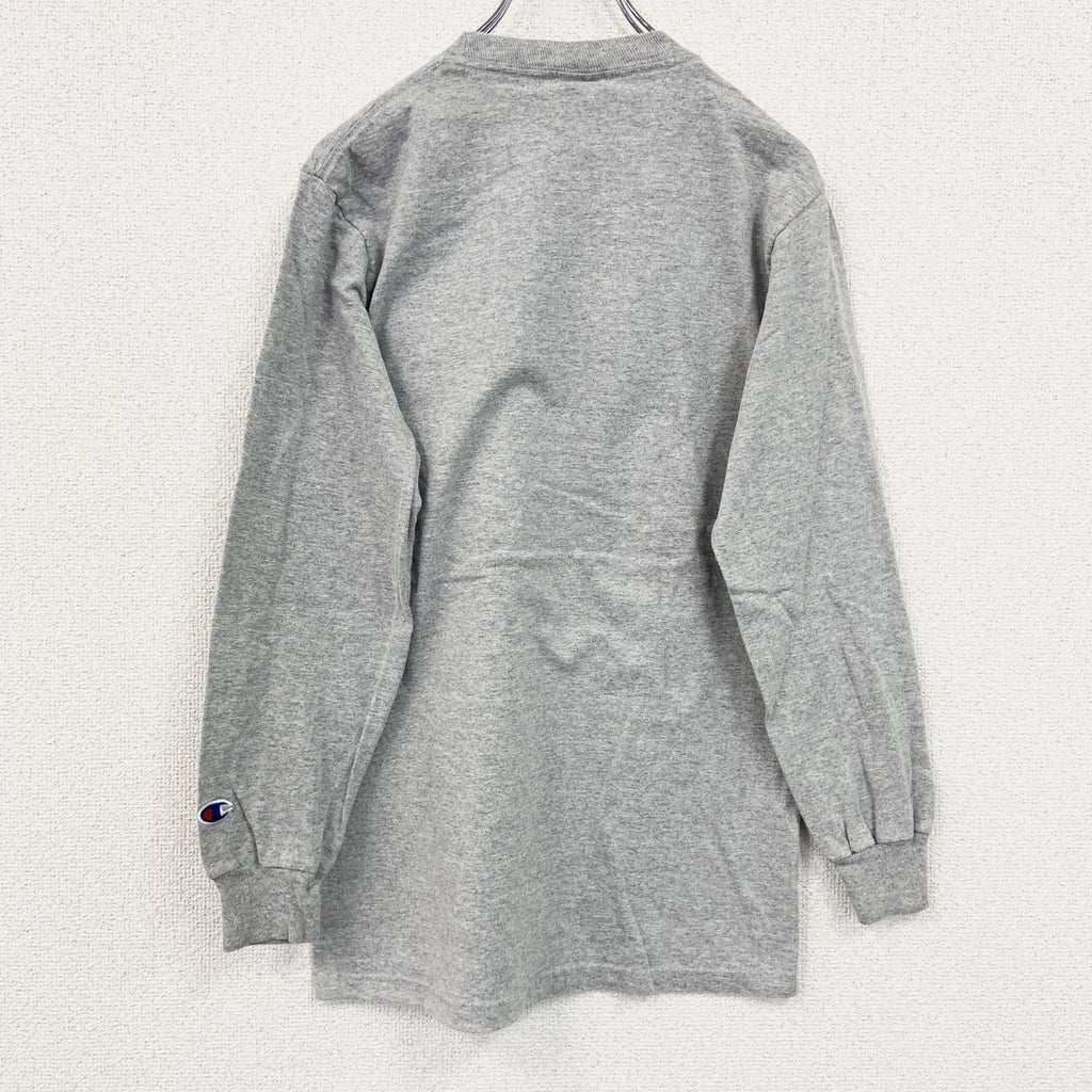 古着 used　Champion　チャンピオン　長袖カレッジプリントTシャツ　レトロデザイン　クルーネック　グレー　灰　Sサイズ