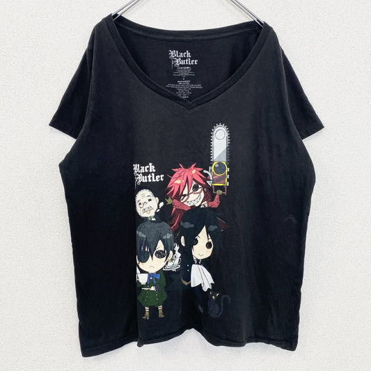 古着 used　黒執事　Black Butler　セバスチャン　メキシコ製　半袖キャラクタープリントTシャツ　Vネック　ブラック