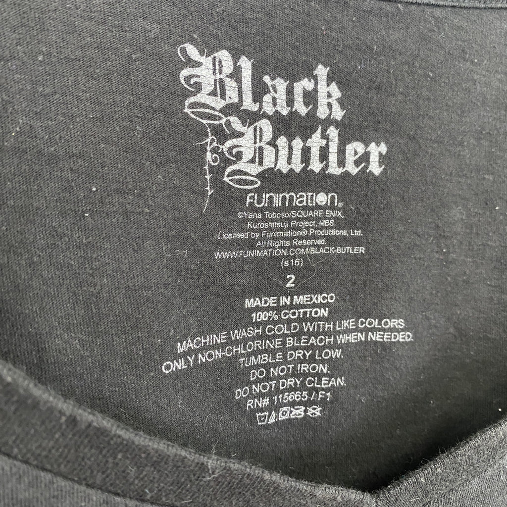 古着 used　黒執事　Black Butler　セバスチャン　メキシコ製　半袖キャラクタープリントTシャツ　Vネック　ブラック
