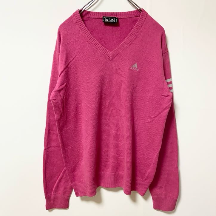 古着 used　adidas アディダスゴルフ　長袖Vネックニット　セーター　ワンポイントロゴ刺繍　ピンク　3本ライン　Mサイズ