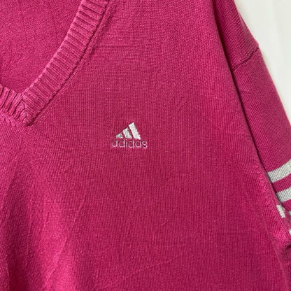 古着 used　adidas アディダスゴルフ　長袖Vネックニット　セーター　ワンポイントロゴ刺繍　ピンク　3本ライン　Mサイズ