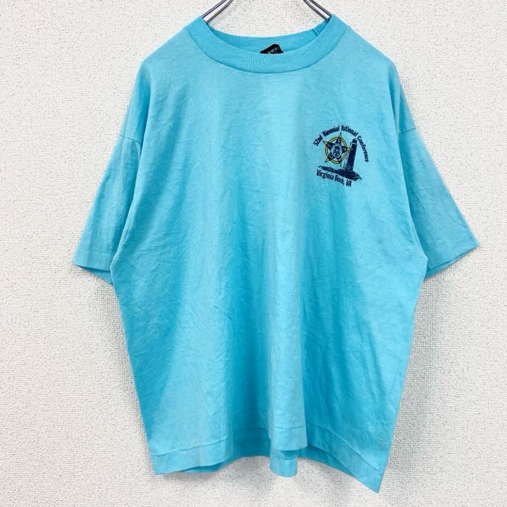 古着 used　80s　FRUIT OF THE LOOM　半袖プリントTシャツ　クルーネック　水色　ライトブルー　XLサイズ