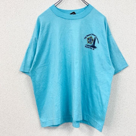 古着 used　80s　FRUIT OF THE LOOM　半袖プリントTシャツ　クルーネック　水色　ライトブルー　XLサイズ
