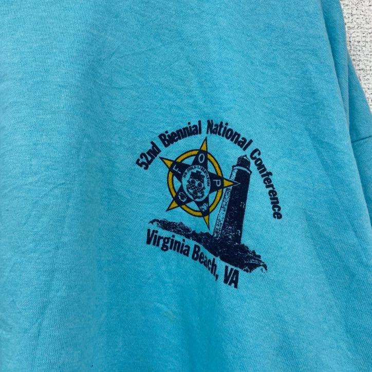 古着 used　80s　FRUIT OF THE LOOM　半袖プリントTシャツ　クルーネック　水色　ライトブルー　XLサイズ