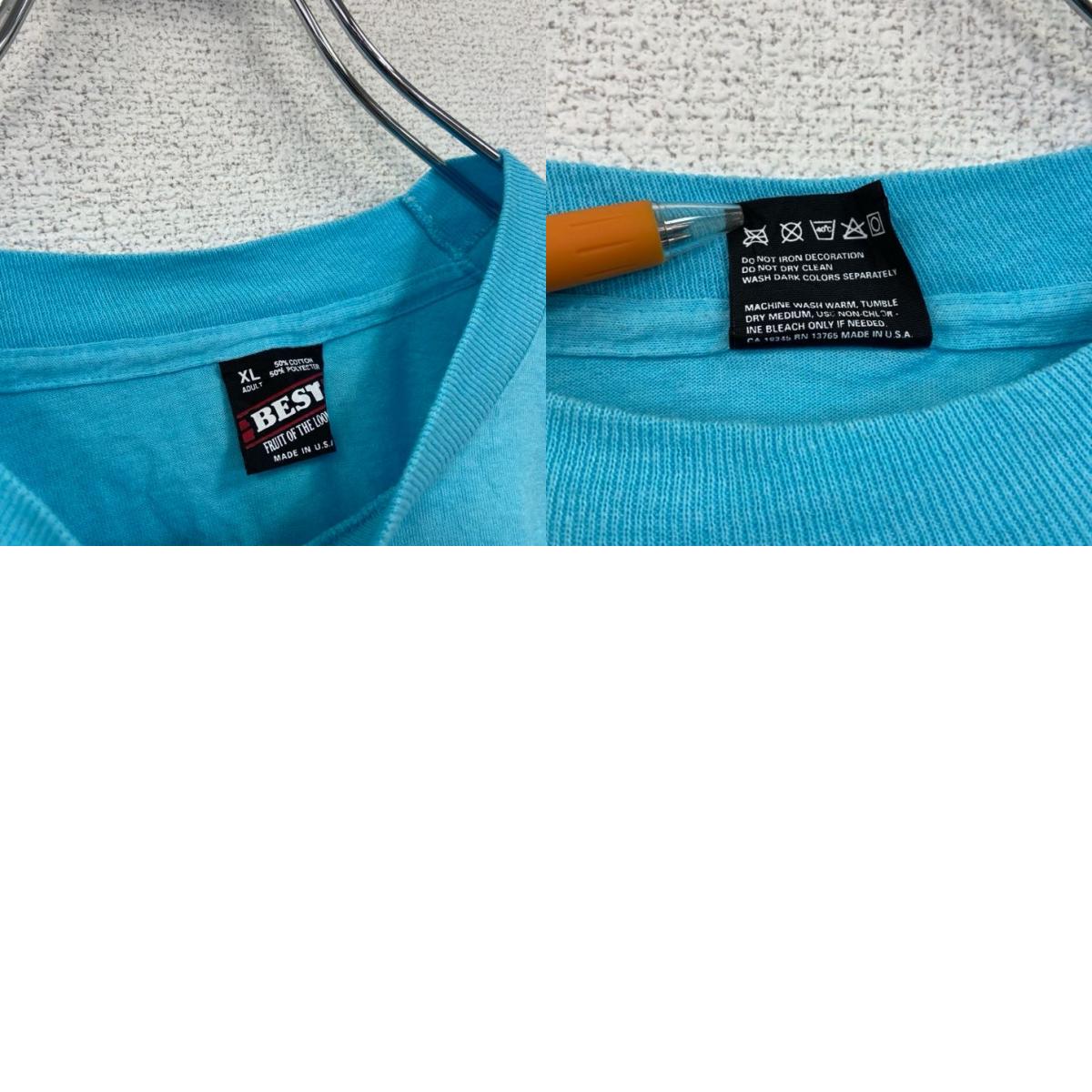 古着 used　80s　FRUIT OF THE LOOM　半袖プリントTシャツ　クルーネック　水色　ライトブルー　XLサイズ