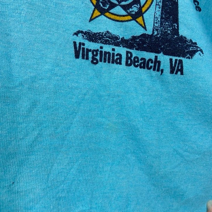 古着 used　80s　FRUIT OF THE LOOM　半袖プリントTシャツ　クルーネック　水色　ライトブルー　XLサイズ