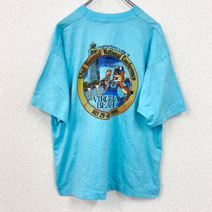 古着 used　80s　FRUIT OF THE LOOM　半袖プリントTシャツ　クルーネック　水色　ライトブルー　XLサイズ