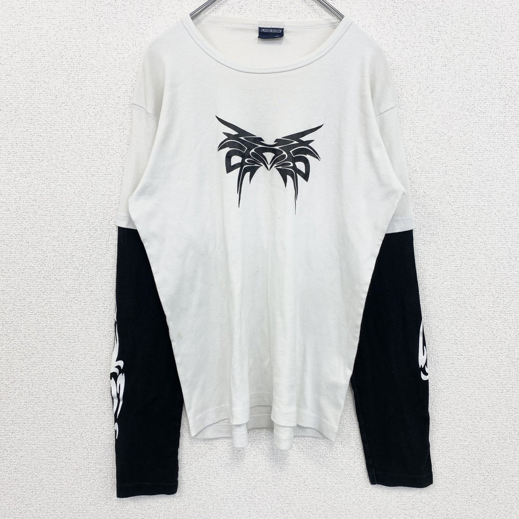 古着 used　FISHBONE　長袖重ね着風プリントTシャツ　モノトーン　バイカラー　黒　白　レトロデザイン　XLサイズ