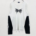 古着 used　FISHBONE　長袖重ね着風プリントTシャツ　モノトーン　バイカラー　黒　白　レトロデザイン　XLサイズ