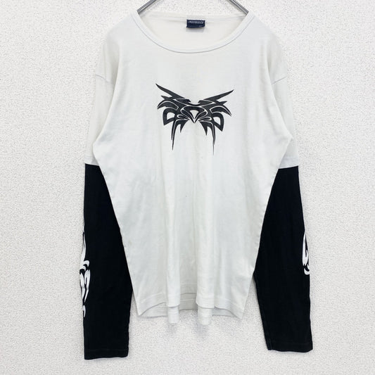 古着 used　FISHBONE　長袖重ね着風プリントTシャツ　モノトーン　バイカラー　黒　白　レトロデザイン　XLサイズ