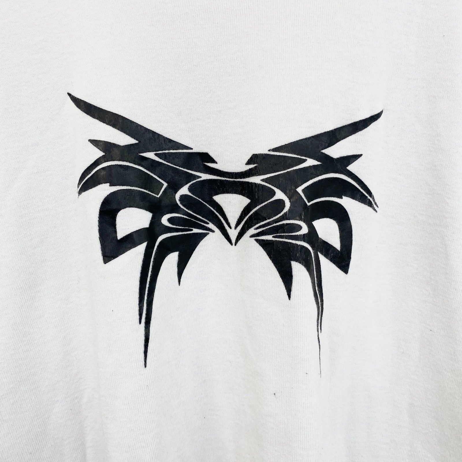 古着 used　FISHBONE　長袖重ね着風プリントTシャツ　モノトーン　バイカラー　黒　白　レトロデザイン　XLサイズ