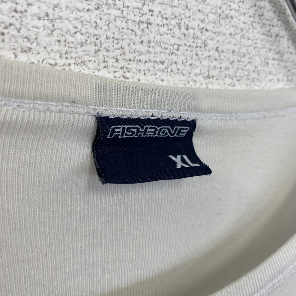 古着 used　FISHBONE　長袖重ね着風プリントTシャツ　モノトーン　バイカラー　黒　白　レトロデザイン　XLサイズ