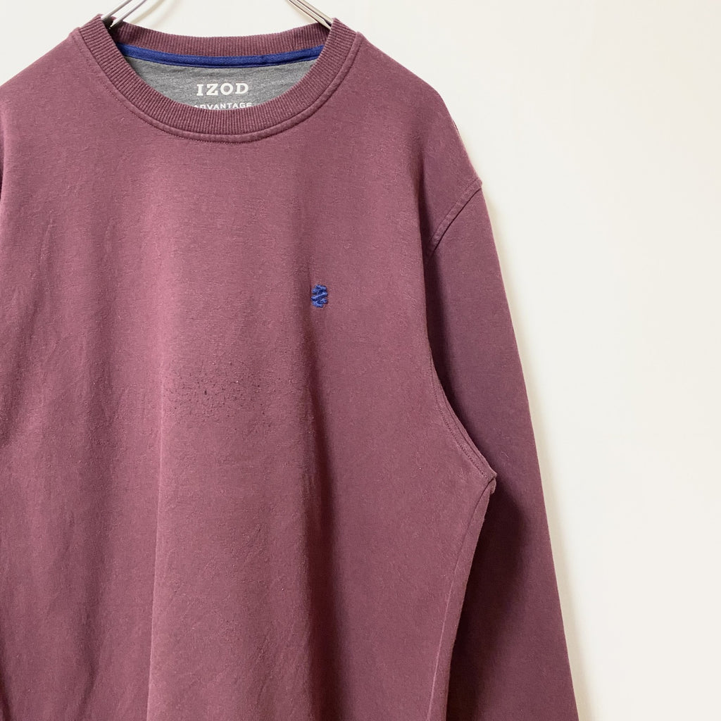 古着 used　IZOD アイゾッド　長袖ワンポイントロゴ刺繍スウェット　トレーナー　クルーネック　ワインレッド　えんじ　Lサイズ
