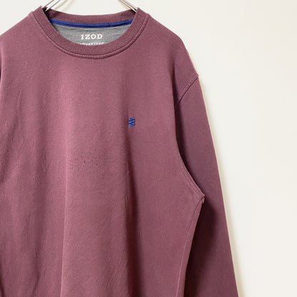 古着 used　IZOD アイゾッド　長袖ワンポイントロゴ刺繍スウェット　トレーナー　クルーネック　ワインレッド　えんじ　Lサイズ