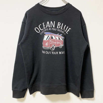 古着 used　Doublefocus　長袖カープリントスウェット　トレーナー　OCEANBLUE　黒　ブラック　レトロ　Lサイズ