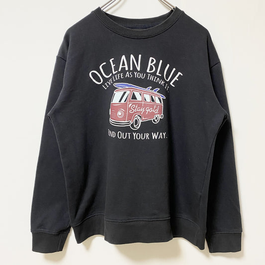 古着 used　Doublefocus　長袖カープリントスウェット　トレーナー　OCEANBLUE　黒　ブラック　レトロ　Lサイズ