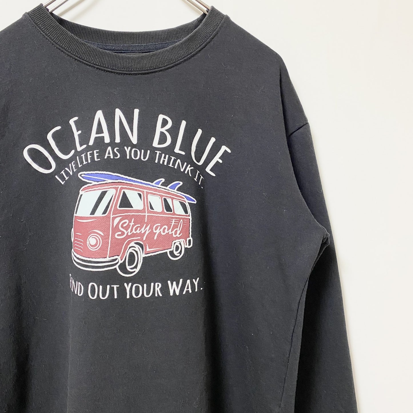 古着 used　Doublefocus　長袖カープリントスウェット　トレーナー　OCEANBLUE　黒　ブラック　レトロ　Lサイズ