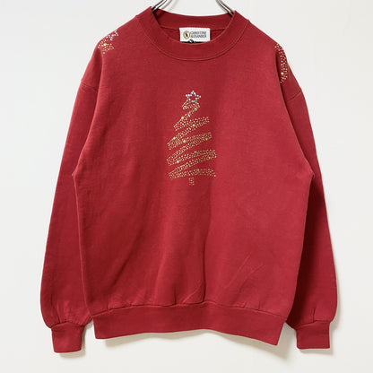古着 used　長袖クルーネックスウェット　トレーナー　ラインストーン　クリスマスツリー　赤　レトロデザイン　Mサイズ