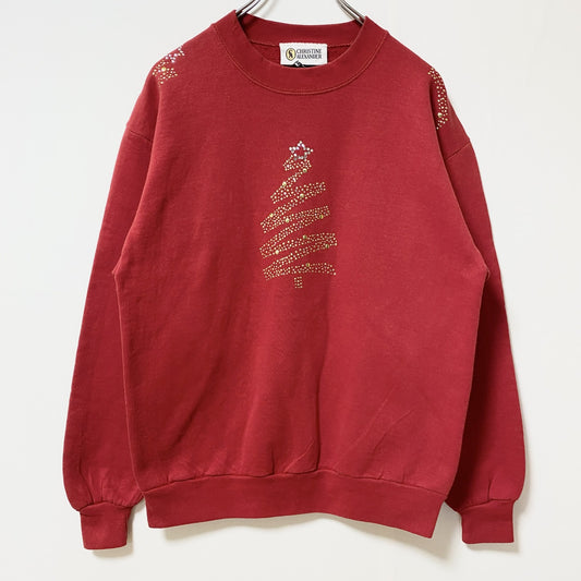 古着 used　長袖クルーネックスウェット　トレーナー　ラインストーン　クリスマスツリー　赤　レトロデザイン　Mサイズ