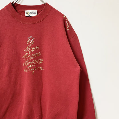古着 used　長袖クルーネックスウェット　トレーナー　ラインストーン　クリスマスツリー　赤　レトロデザイン　Mサイズ
