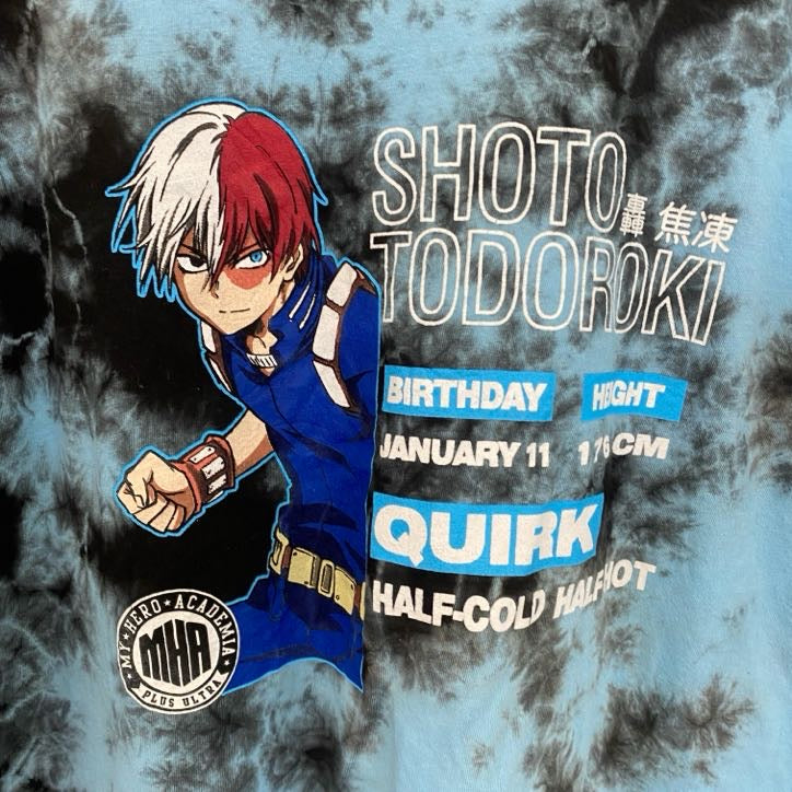 古着 used　半袖アニメプリントTシャツ　僕のヒーローアカデミア　轟　タイダイ　水色　クルーネック　レトロデザイン　Mサイズ