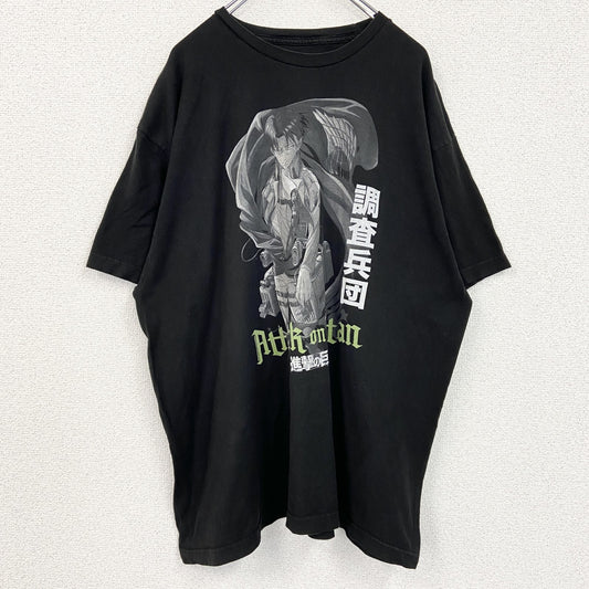 古着 used　進撃の巨人　半袖アニメプリントTシャツ　レトロ　クルーネック　調査兵団　リヴァイ兵長　黒　ブラック　2Xサイズ