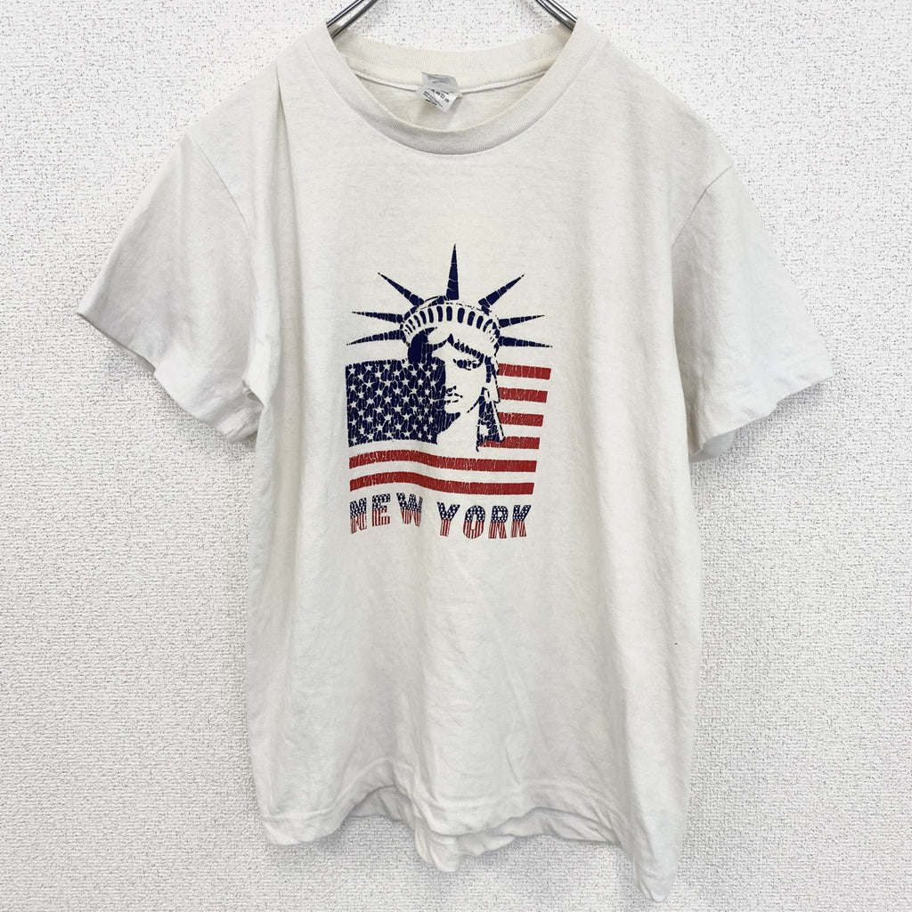古着 used　半袖プリントTシャツ　自由の女神　アメリカ　国旗　白　ホワイト　クルーネック　レトロデザイン　Sサイズ