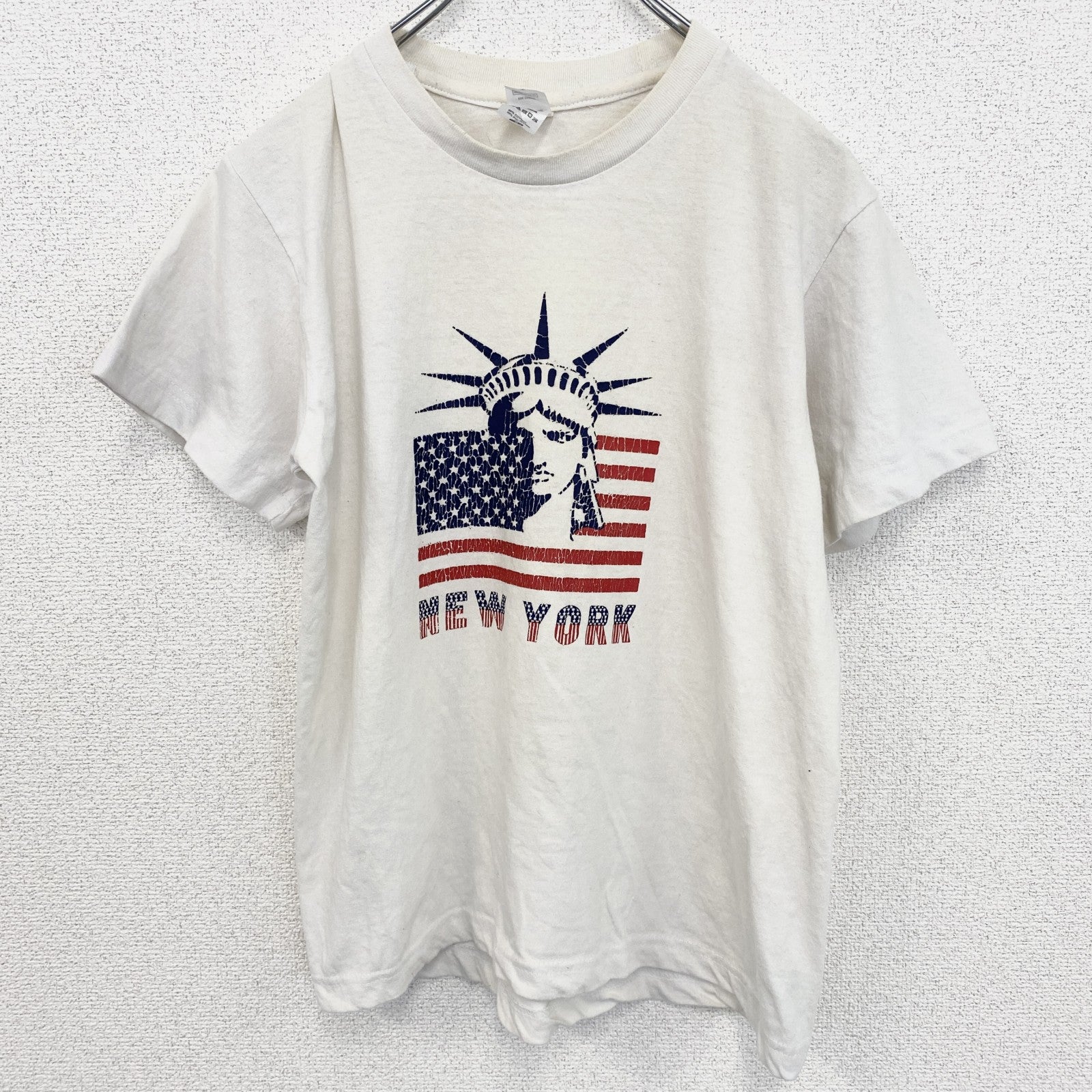 古着 used　半袖プリントTシャツ　自由の女神　アメリカ　国旗　白　ホワイト　クルーネック　レトロデザイン　Sサイズ