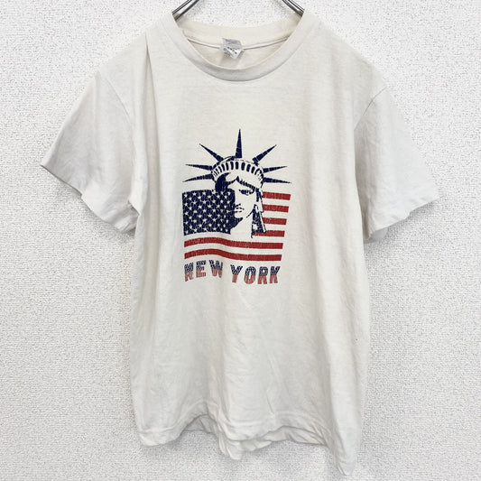 古着 used　半袖プリントTシャツ　自由の女神　アメリカ　国旗　白　ホワイト　クルーネック　レトロデザイン　Sサイズ