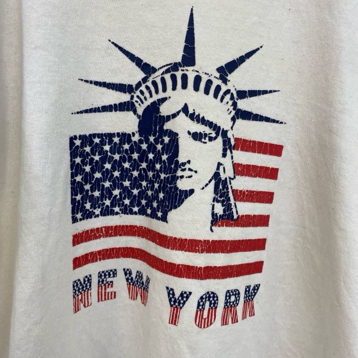 古着 used　半袖プリントTシャツ　自由の女神　アメリカ　国旗　白　ホワイト　クルーネック　レトロデザイン　Sサイズ