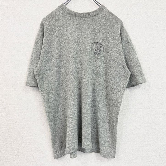 古着 used　半袖プリントTシャツ　レトロデザイン　クルーネック 　ワンポイントロゴ　両面プリント　ニット生地　霜降りグレー　