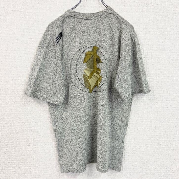 古着 used　半袖プリントTシャツ　レトロデザイン　クルーネック 　ワンポイントロゴ　両面プリント　ニット生地　霜降りグレー　