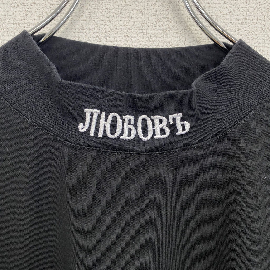 古着 used　半袖プリントTシャツ　PAGA　スタンドカラー　黒　ブラック　クルーネック　レトロデザイン　Lサイズ