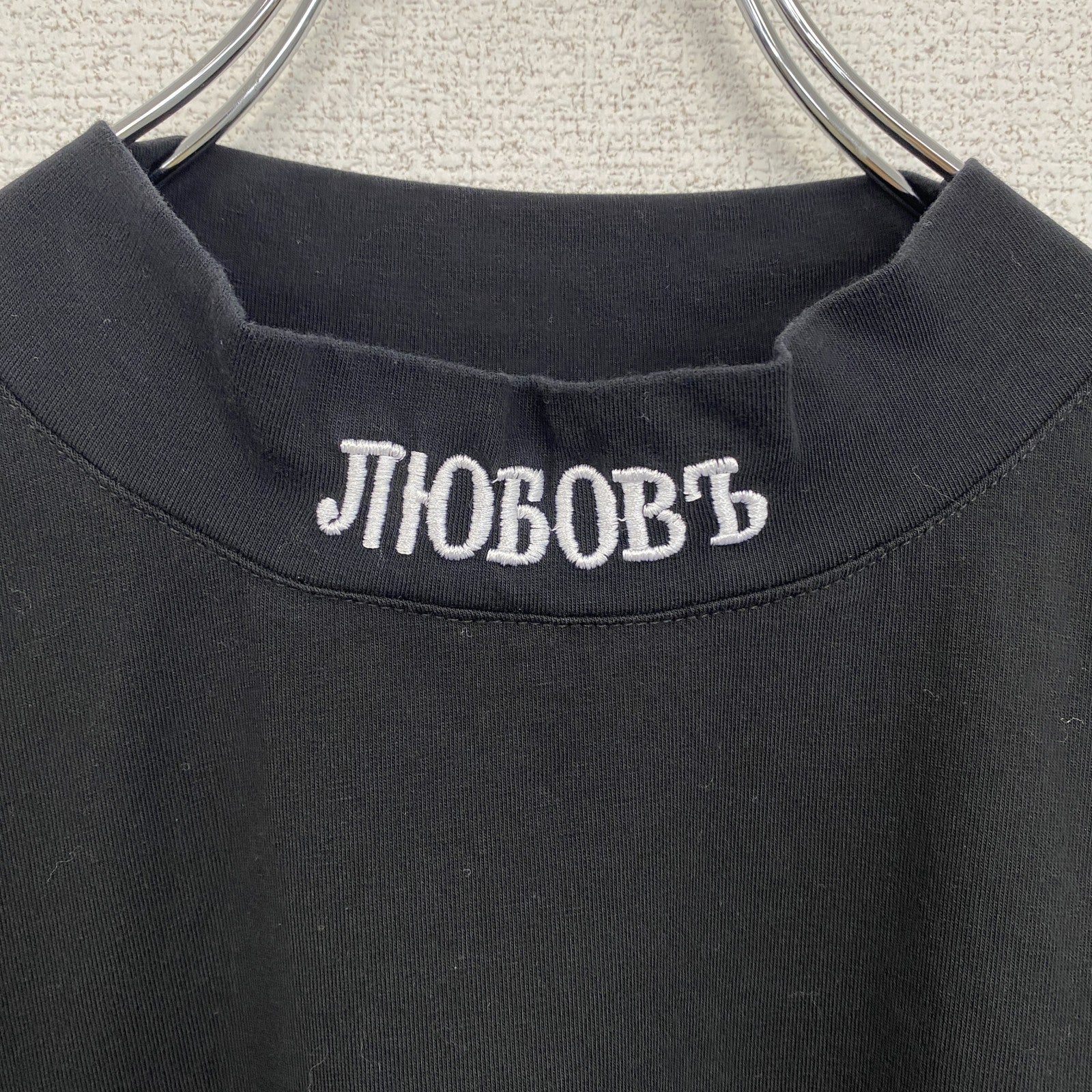 古着 used　半袖プリントTシャツ　PAGA　スタンドカラー　黒　ブラック　クルーネック　レトロデザイン　Lサイズ