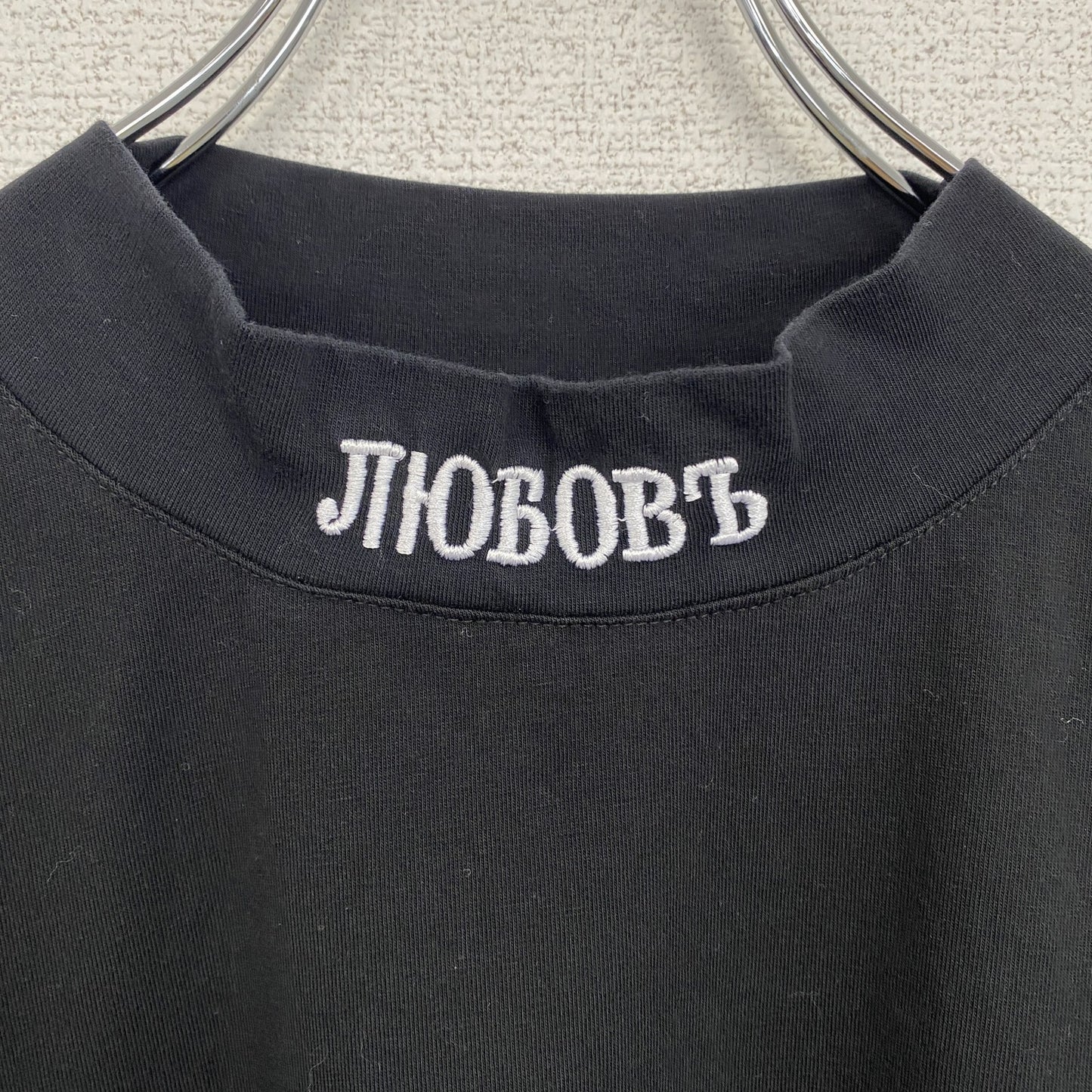 古着 used　半袖プリントTシャツ　PAGA　スタンドカラー　黒　ブラック　クルーネック　レトロデザイン　Lサイズ