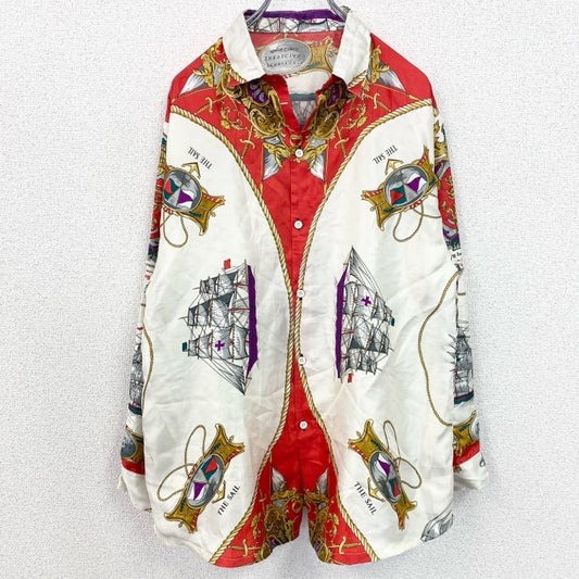 古着 used　長袖開襟柄シャツ　船　イタリア　TREVICIANO　トリビアーノ　白　ホワイト　赤　レッド　レトロデザイン