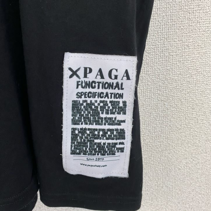 古着 used　半袖プリントTシャツ　PAGA　スタンドカラー　黒　ブラック　クルーネック　レトロデザイン　Lサイズ
