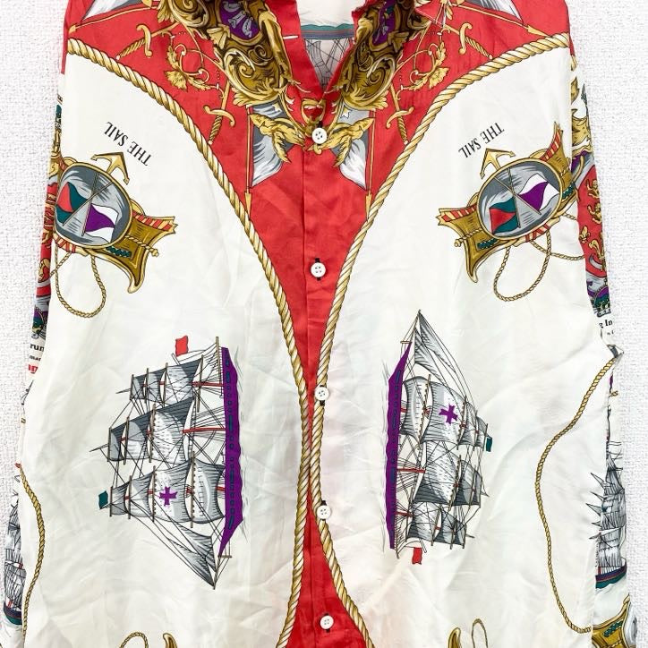古着 used　長袖開襟柄シャツ　船　イタリア　TREVICIANO　トリビアーノ　白　ホワイト　赤　レッド　レトロデザイン