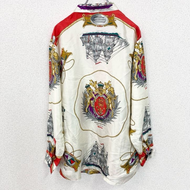古着 used　長袖開襟柄シャツ　船　イタリア　TREVICIANO　トリビアーノ　白　ホワイト　赤　レッド　レトロデザイン